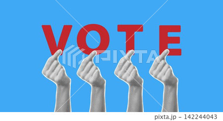 Vote and opinion poll concept of people voting. Halftone sticker of human hands holding vote letters on blue background Vote and opinion poll concept of people voting. Halftone sticker of human hands holding vote letters on blue background 142244043