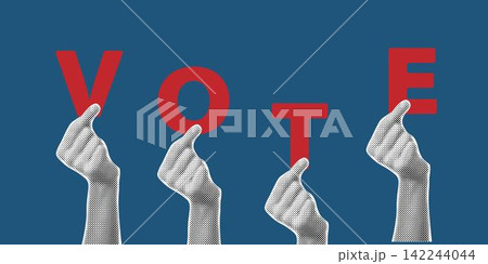 Vote and opinion poll concept of people voting. Halftone sticker of human hands holding vote letters on blue background 142244044