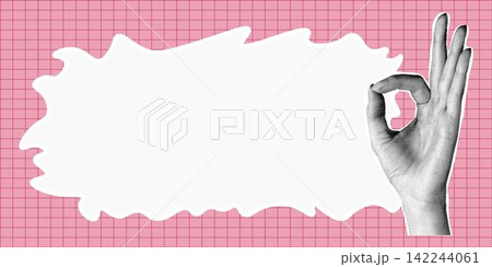 Trendy halftone collage banner. Elements cut out from a magazine, hand gesture Ok. Retro modern design Trendy halftone collage banner. Elements cut out from a magazine, hand gesture Ok. Retro modern design 142244061