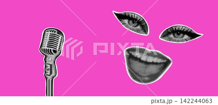 Trendy halftone collage banner. Elements cut out from a magazine, mouth, eyes, microphone. Retro modern design 142244063
