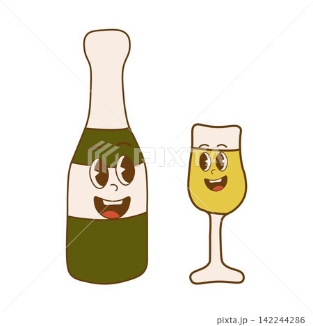 Retro style Champagne bottle with Wineglass. Groovy retro Champagne with Wineglass bottle. Isolated on white background Retro style Champagne bottle with Wineglass. Groovy retro Champagne with Wineglass bottle. Isolated on white background 142244286