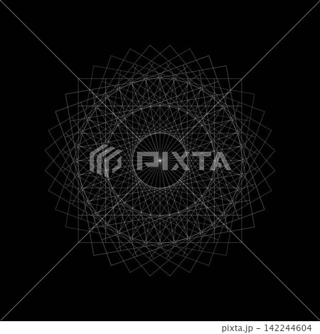 Abstract Geometric Sacred Geometry Mandala with White Line Art Squares and Circles on Black Background Abstract Geometric Sacred Geometry Mandala with White Line Art Squares and Circles on Black Background 142244604