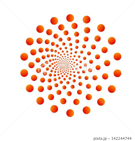 Abstract Geometric Red and Orange Halftone Dot Spiral and Hypnotic Vortex Pattern on White Background 142244744