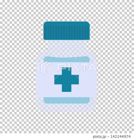 Medical bottle icon with blue liquid and cross symbol on label isolated on white background. Pharmacy illustration Medical bottle icon with blue liquid and cross symbol on label isolated on white background. Pharmacy illustration 142244974