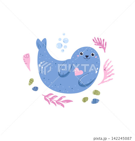 Funny baby seal character swimming isolated on white background 142245087