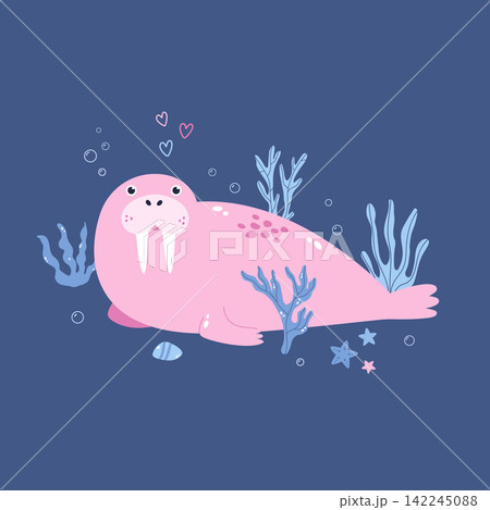 Funny pink walrus character with corals and hearts in blue ocean background Funny pink walrus character with corals and hearts in blue ocean background 142245088