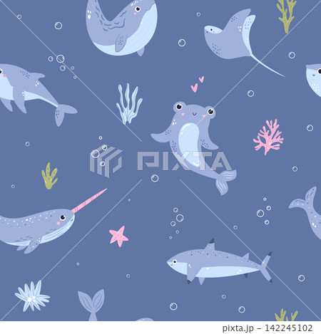 Cute seamless pattern with hammerhead shark, shark, whale and narwhal Cute seamless pattern with hammerhead shark, shark, whale and narwhal 142245102