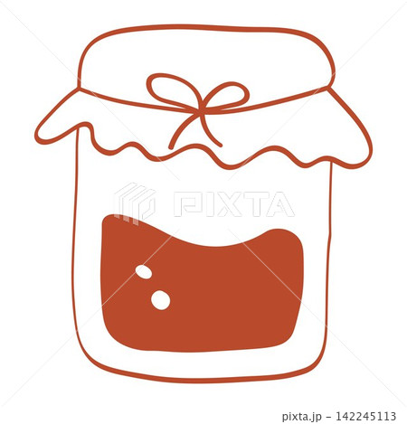 Whimsical monochrome vector illustration of a homemade jam jar with a fabric lid and bow, drawn by hand with lively uneven outlines and isolated on a transparent background. 142245113