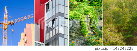 Urban construction vs natural green landscape collage, city building and forest banner Urban construction vs natural green landscape collage, city building and forest banner 142245229