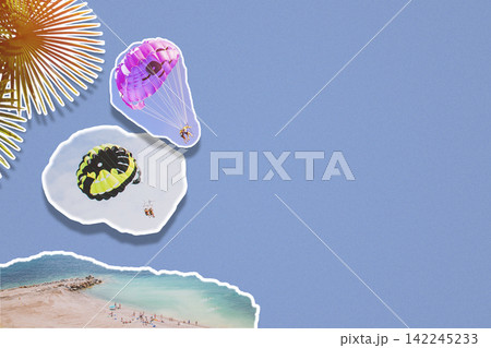 Tropical beach and parasailing paper cutouts on blue background, summer travel banner 142245233