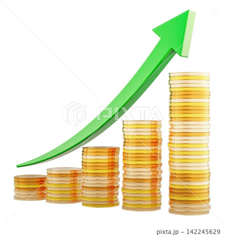 Growing stacks of gold coins with upward arrow for financial growth. 3D rendering 142245629