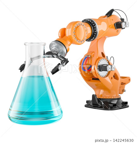 Industrial robot arm with laboratory flask. Lab automation, robotic research and chemical process technology, concept. 3d rendering Industrial robot arm with laboratory flask. Lab automation, robotic research and chemical process technology, concept. 3d rendering 142245630
