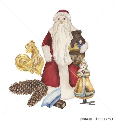 A winter holiday composition featuring Santa, Father Frost, a glass Christmas tree ornament, pine cones, candy, and a lollipop. The watercolor illustration is hand-drawn in vibrant colors. For cards A winter holiday composition featuring Santa, Father Frost, a glass Christmas tree ornament, pine cones, candy, and a lollipop. The watercolor illustration is hand-drawn in vibrant colors. For cards 142245794