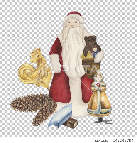 A winter holiday composition featuring Santa, Father Frost, a glass Christmas tree ornament, pine cones, candy, and a lollipop. The watercolor illustration is hand-drawn in vibrant colors. For cards A winter holiday composition featuring Santa, Father Frost, a glass Christmas tree ornament, pine cones, candy, and a lollipop. The watercolor illustration is hand-drawn in vibrant colors. For cards 142245794