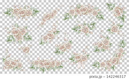 Vintage floral watercolor set. Collection of botanical elements and isolated on background. Decorative clipart with Rose Flowers for stationery, wedding invitations and scrapbook projects. Vintage floral watercolor set. Collection of botanical elements and isolated on background. Decorative clipart with Rose Flowers for stationery, wedding invitations and scrapbook projects. 142246317