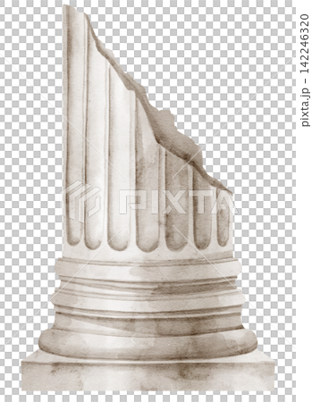 Roman column base watercolor illustration with a broken classical pillar fragment isolated on background. Ancient architecture Doric element for Mediterranean, archaeological and historical designs. Roman column base watercolor illustration with a broken classical pillar fragment isolated on background. Ancient architecture Doric element for Mediterranean, archaeological and historical designs. 142246320