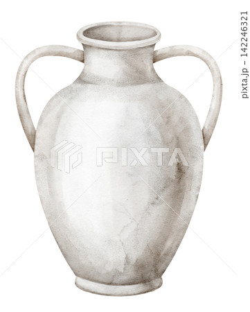 Roman amphora watercolor illustration. Art with pottery vase isolated on background. Ancient ceramic vessel with two handles for Mediterranean, classical, Greek and historical designs. 142246321