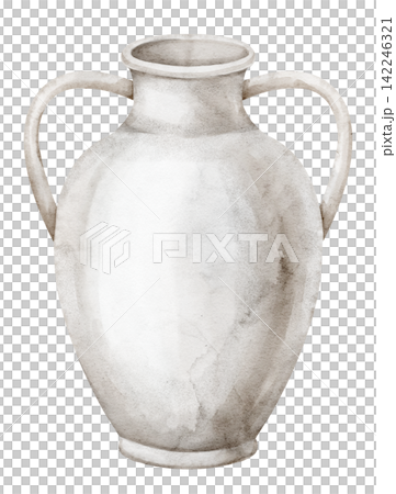 Roman amphora watercolor illustration. Art with pottery vase isolated on background. Ancient ceramic vessel with two handles for Mediterranean, classical, Greek and historical designs. 142246321