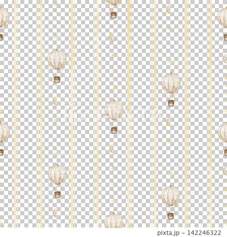 Hot air balloon seamless watercolor pattern isolated on background. Striped repeat with aircraft and crescent moon for fabric, nursery wallpaper and wrapping paper. Baby backdrop with aerostats. 142246322