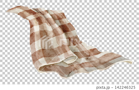 Checkered fabric watercolor illustration. Art of draped brown and cream textile isolated on background. Rustic cloth clipart for kitchen, picnic, Mediterranean, farmhouse and textile designs. 142246325