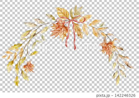 Autumn wreath watercolor illustration with fall leaves, branches and seasonal foliage isolated on background. Botanical frame for harvest festival greeting cards or Thanksgiving floral invitations. Autumn wreath watercolor illustration with fall leaves, branches and seasonal foliage isolated on background. Botanical frame for harvest festival greeting cards or Thanksgiving floral invitations. 142246326