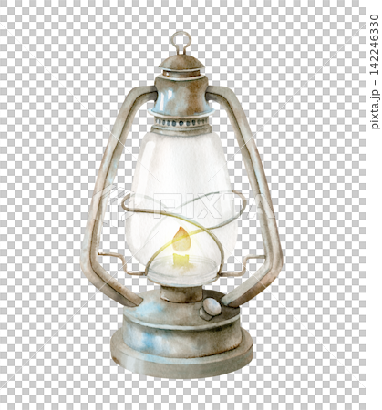 Lantern watercolor illustration with burning candle isolated on background. Rustic vintage lighting clipart for autumn greeting cards, farmhouse, camping, cozy interior and seasonal designs. 142246330