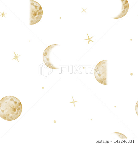 Moon phases seamless watercolor pattern isolated on background. Celestial repeat with Crescent, full moon and stars for nursery textiles, fabric, wallpaper and wrapping paper. Baby design for bedtime. 142246331
