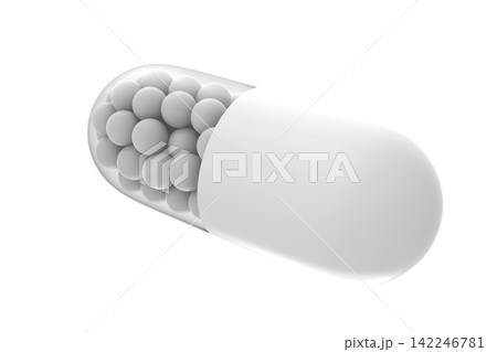 White medical capsule pill with granules 3D render isolated background 142246781
