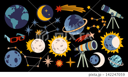 Hand drawn space exploration set of planets, Earth, Moon, lunar and solar eclipse, Sun, Saturn, stars, constellations, comets, telescopes, astronomy glasses. Illustrations of outer space and astronomy 142247059