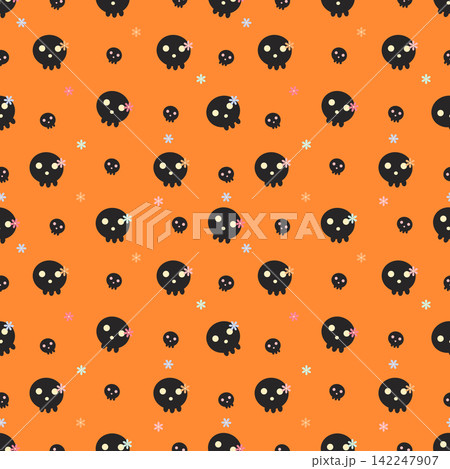 Cute Kawaii Black Skull and Pastel Flower Seamless Pattern on Orange Background Cute Kawaii Black Skull and Pastel Flower Seamless Pattern on Orange Background 142247907