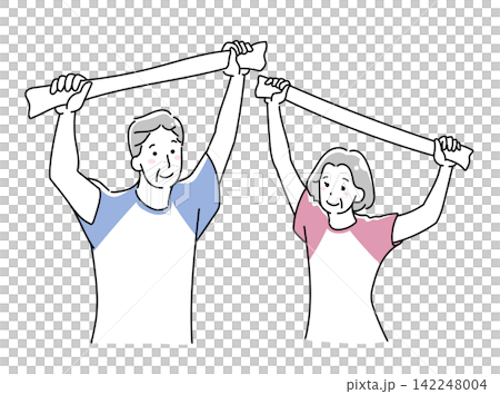 タオルでストレッチをするシニア夫婦のイラスト タオルでストレッチをするシニア夫婦のイラスト 142248004