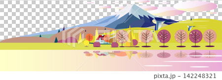 富士山和湖邊秋葉的扁平化插畫橫幅背景。 富士山和湖邊秋葉的扁平化插畫橫幅背景。 142248321
