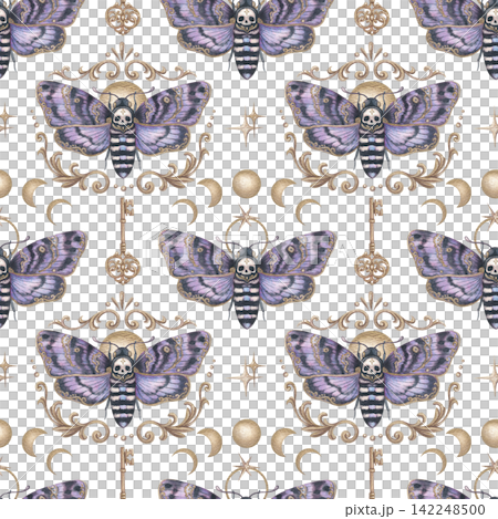 Purple death head moth with gold filigree key and moon phase seamless pattern. Hand drawn watercolor Acherontia atropos. Astrology graphic for halloween design. Gothic repeat for fabric or wallpaper. Purple death head moth with gold filigree key and moon phase seamless pattern. Hand drawn watercolor Acherontia atropos. Astrology graphic for halloween design. Gothic repeat for fabric or wallpaper. 142248500