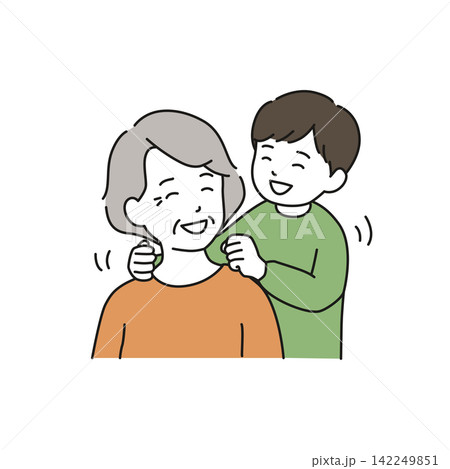 敬老の日におばあちゃんの肩たたきをしてあげる笑顔の孫息子（小学生・男の子） 142249851
