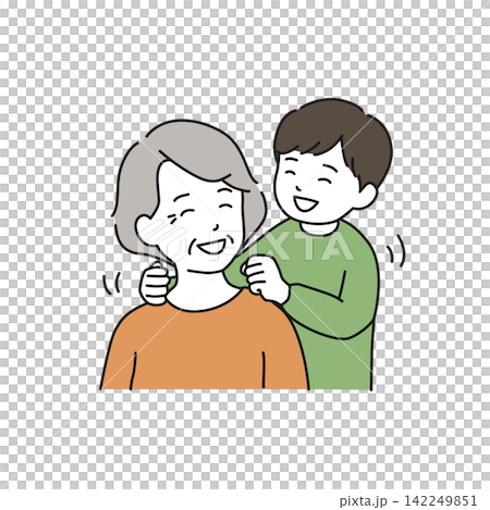敬老の日におばあちゃんの肩たたきをしてあげる笑顔の孫息子（小学生・男の子） 142249851