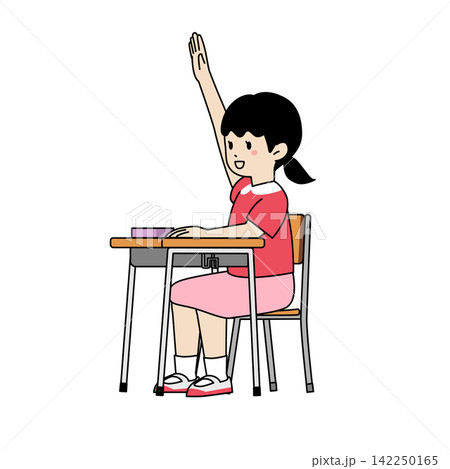 学校の授業で手を挙げる小学生の女の子　教室・机と椅子・発表・ミニマルなベクターイラスト 142250165