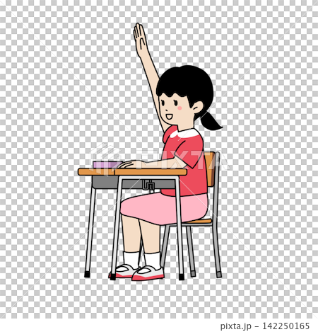 学校の授業で手を挙げる小学生の女の子　教室・机と椅子・発表・ミニマルなベクターイラスト 142250165
