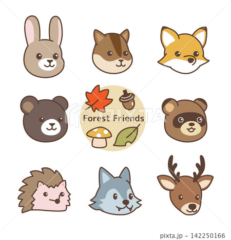 森の動物たち・顔のイラストセット 8種（クマ・ウサギ・シカ・オオカミ・ハリネズミ・キツネ・タヌキ・リ 142250166