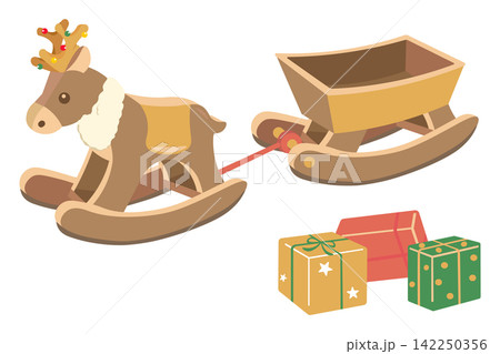 ロッキングトナカイと積み木型プレゼントのクリスマスイラストセット 142250356