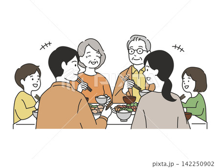 敬老の日に三世代で食卓を囲み楽しく食事をする家族団らんのイラスト 敬老の日に三世代で食卓を囲み楽しく食事をする家族団らんのイラスト 142250902
