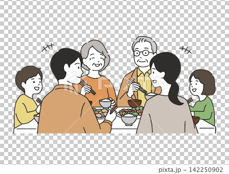 敬老の日に三世代で食卓を囲み楽しく食事をする家族団らんのイラスト 敬老の日に三世代で食卓を囲み楽しく食事をする家族団らんのイラスト 142250902