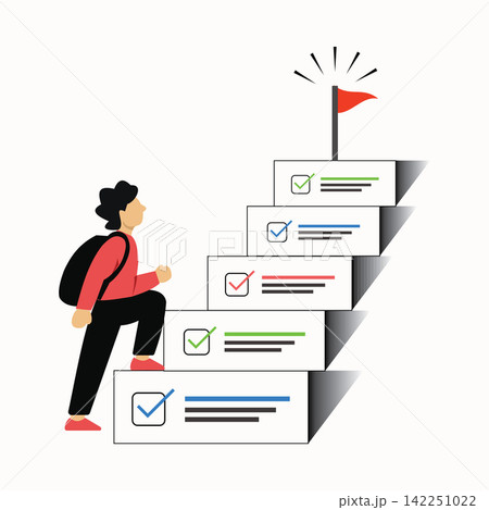 Person Climbing Checklist Steps Toward Success and Achievement with Goal Flag Person Climbing Checklist Steps Toward Success and Achievement with Goal Flag 142251022