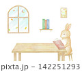 机に向かって熱心に本を読む愛らしいうさぎの水彩イラスト。 142251293