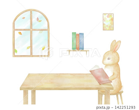 机に向かって熱心に本を読む愛らしいうさぎの水彩イラスト。 机に向かって熱心に本を読む愛らしいうさぎの水彩イラスト。 142251293