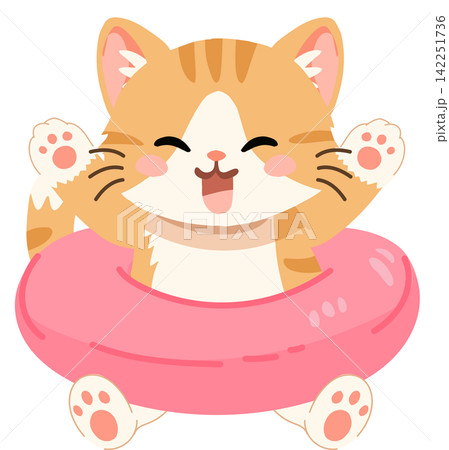Cute kitten in pink swim ring summer vacation cartoon animal illustration Cute kitten in pink swim ring summer vacation cartoon animal illustration 142251736