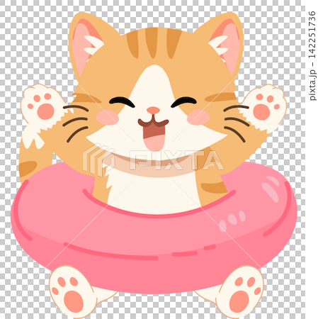 Cute kitten in pink swim ring summer vacation cartoon animal illustration Cute kitten in pink swim ring summer vacation cartoon animal illustration 142251736