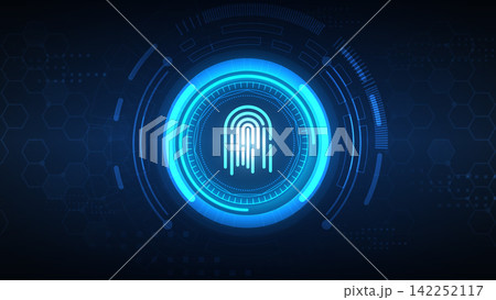 glowing neon blue digital fingerprint icon inside futuristic hud circles over dark abstract hexagonal grid background for biometric cybersecurity authentication 142252117