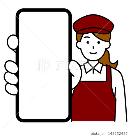 スマホの画面を大きく見せるカフェの女性店員 142252425