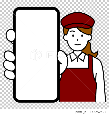 スマホの画面を大きく見せるカフェの女性店員 142252425