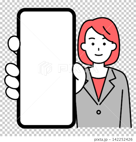 スマホの画面を大きく見せるスーツの女性 スマホの画面を大きく見せるスーツの女性 142252426